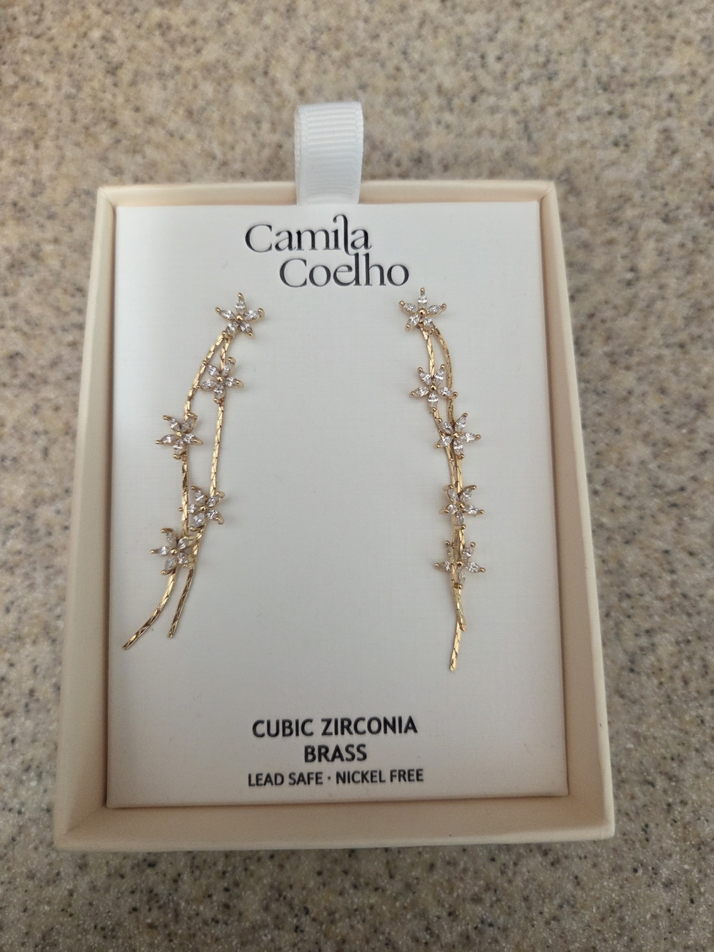 Camila Coelho Gold Floral Vine Drop Earrings with Clear Stones